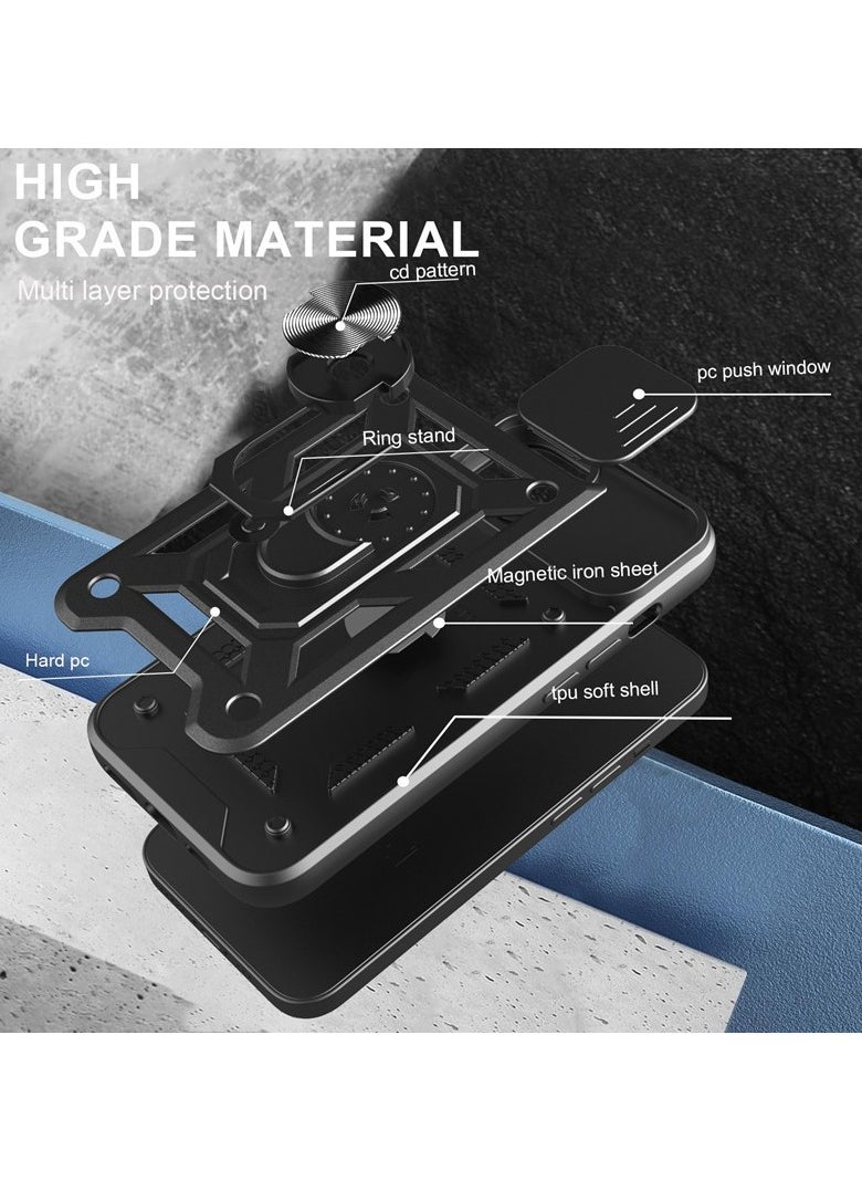 for iPhone 16e Case, Slide Camera Lens Cover, Magnetic Ring Holder Kickstand Protective Phone Case for iPhone 16e, Black