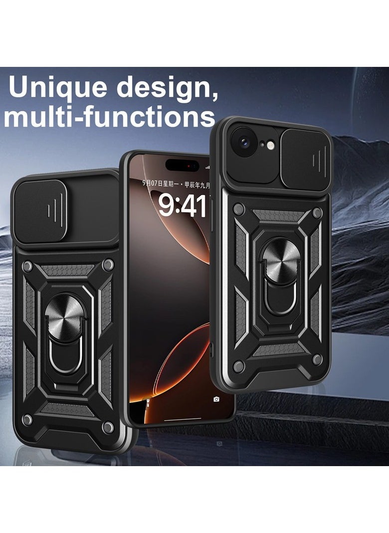 for iPhone 16e Case, Slide Camera Lens Cover, Magnetic Ring Holder Kickstand Protective Phone Case for iPhone 16e, Black