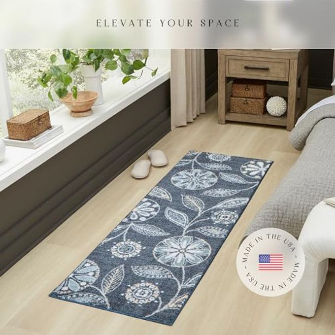 Maples Rugs Reggie Floral Runner Rug Made in USA Washable, Non Slip Indoor Carpet for Kitchen, Hallway, and Laundry Room, 2' x 6', Persian Blue - Image 5