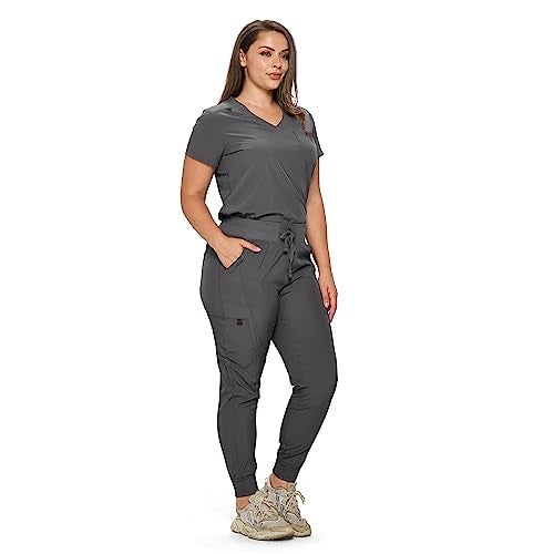 MONARCH UNIFORMS زي مونياركس ضيق مرن للسيدات مجموعة سكرابز جوجر ضيق مع قميص قابل للت tuck-in للسيدات (رمادي غامق-S) - Image 2