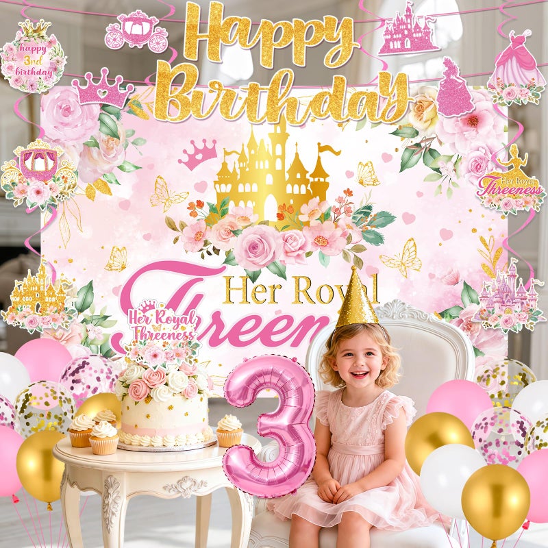 LUUFILx Princess 3rd Birthday Party Decorations, Her Royal Threeness Birthday Banner Pink Princess Backdrop Banner Hanging Swirls Balloons Cake Topper for 3 Years Old Girl Bday Party Supplies - Image 2