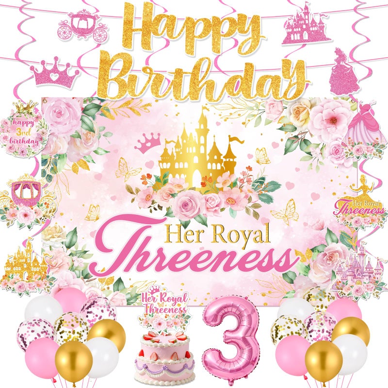 LUUFILx Princess 3rd Birthday Party Decorations, Her Royal Threeness Birthday Banner Pink Princess Backdrop Banner Hanging Swirls Balloons Cake Topper for 3 Years Old Girl Bday Party Supplies - Image 1