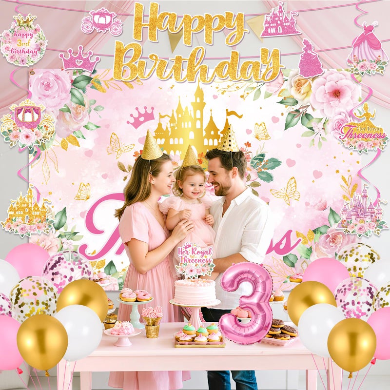LUUFILx Princess 3rd Birthday Party Decorations, Her Royal Threeness Birthday Banner Pink Princess Backdrop Banner Hanging Swirls Balloons Cake Topper for 3 Years Old Girl Bday Party Supplies - Image 3