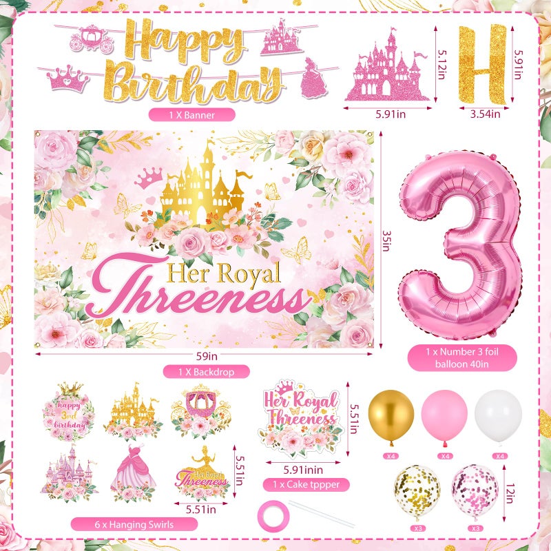 LUUFILx Princess 3rd Birthday Party Decorations, Her Royal Threeness Birthday Banner Pink Princess Backdrop Banner Hanging Swirls Balloons Cake Topper for 3 Years Old Girl Bday Party Supplies - Image 4