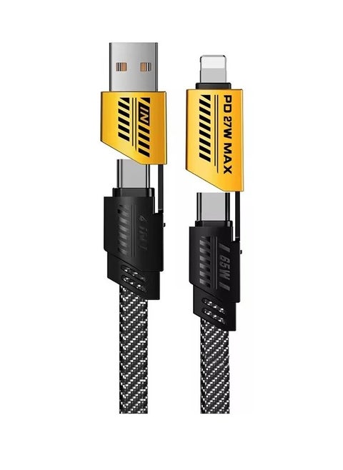 2 في 2 - كابل سلك مسطح سريع الشحن من النوع C إلى Type-C / USB-A & LIGHTNING - 65 واط / 27 واط - أسود