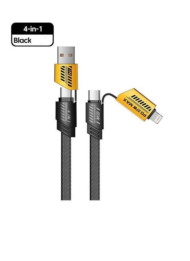 2 في 2 - كابل سلك مسطح سريع الشحن من النوع C إلى Type-C / USB-A & LIGHTNING - 65 واط / 27 واط - أسود