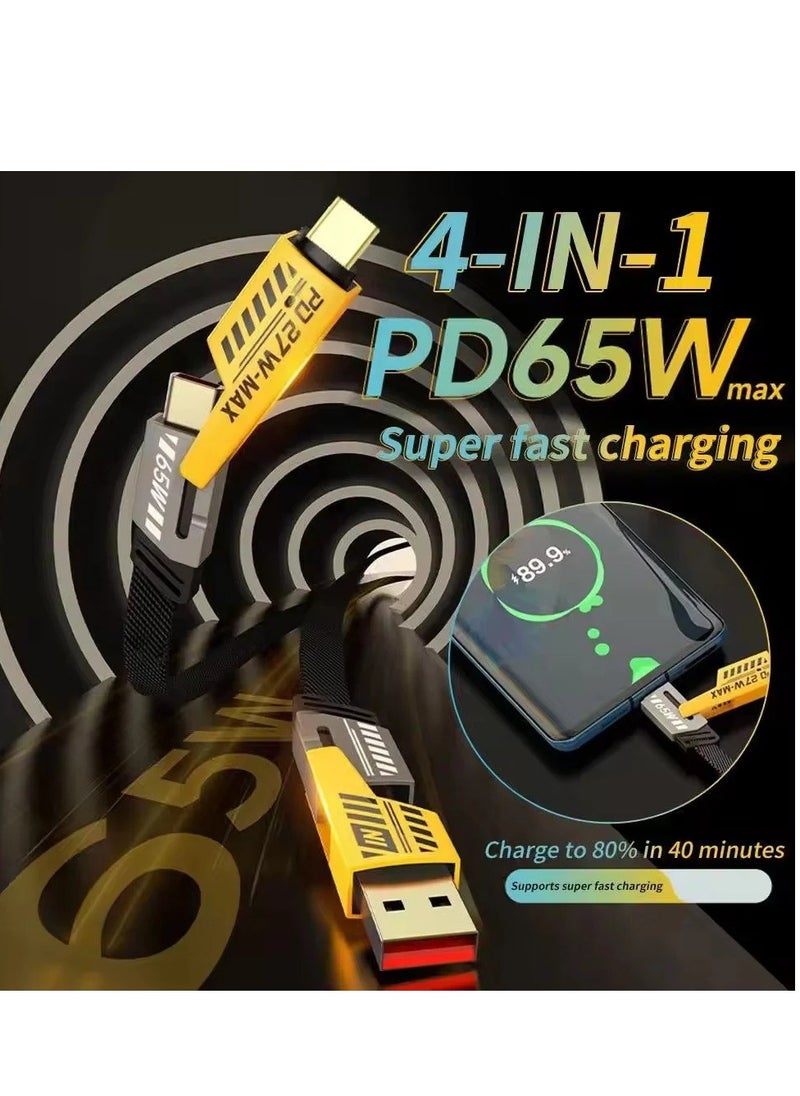 2 في 2 - كابل سلك مسطح سريع الشحن من النوع C إلى Type-C / USB-A & LIGHTNING - 65 واط / 27 واط - أسود