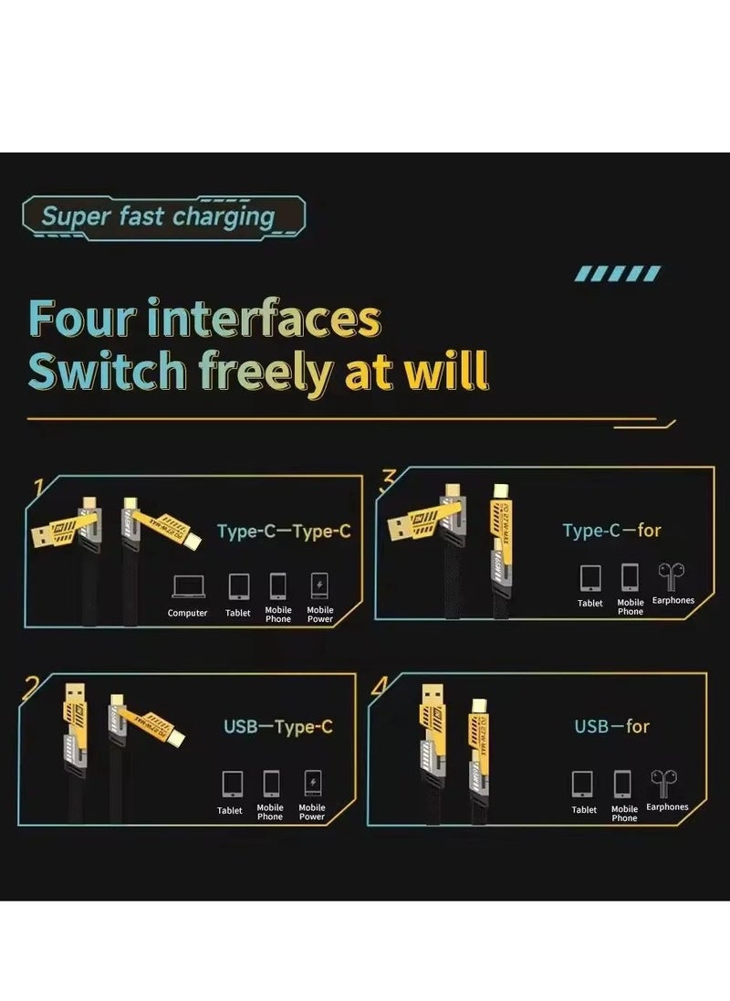 2 في 2 - كابل سلك مسطح سريع الشحن من النوع C إلى Type-C / USB-A & LIGHTNING - 65 واط / 27 واط - أسود