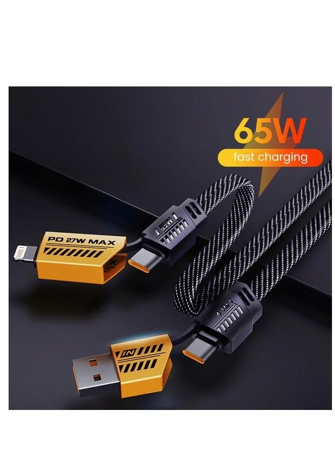 2 في 2 - كابل سلك مسطح سريع الشحن من النوع C إلى Type-C / USB-A & LIGHTNING - 65 واط / 27 واط - أسود