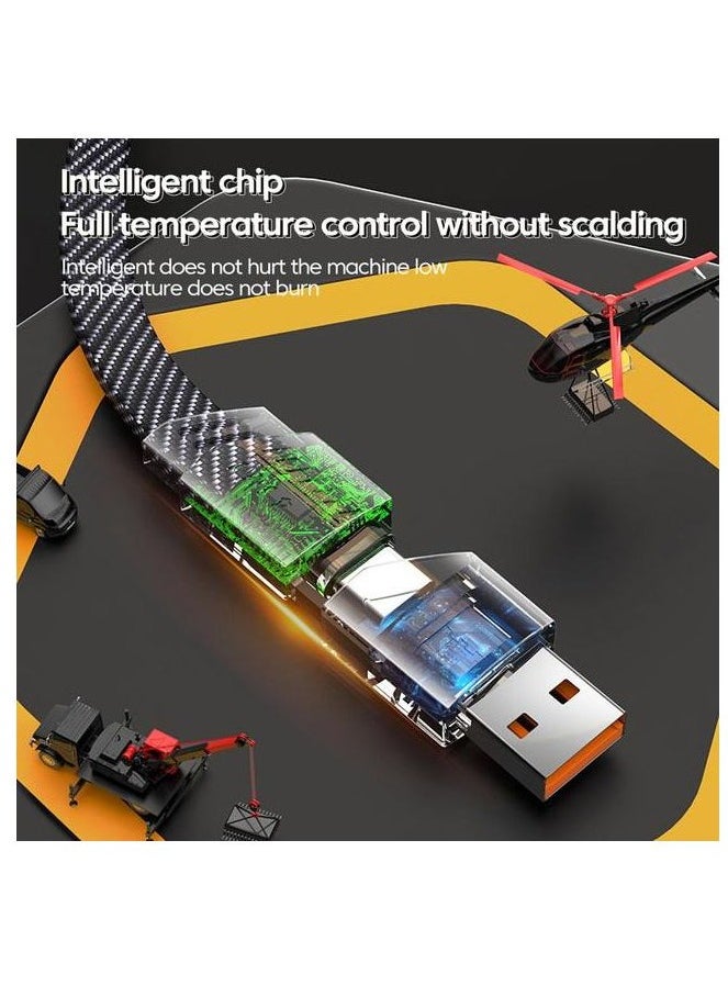 2 في 2 - كابل سلك مسطح سريع الشحن من النوع C إلى Type-C / USB-A & LIGHTNING - 65 واط / 27 واط - أسود
