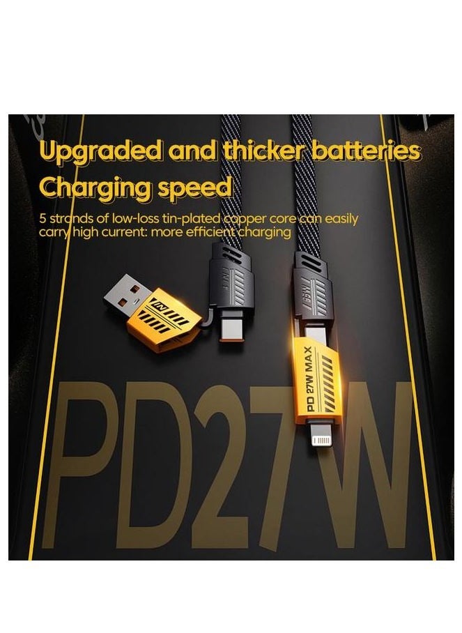 2 في 2 - كابل سلك مسطح سريع الشحن من النوع C إلى Type-C / USB-A & LIGHTNING - 65 واط / 27 واط - أسود