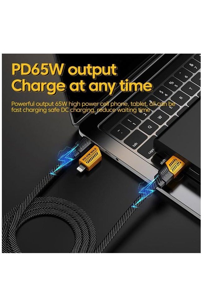 2 في 2 - كابل سلك مسطح سريع الشحن من النوع C إلى Type-C / USB-A & LIGHTNING - 65 واط / 27 واط - أسود