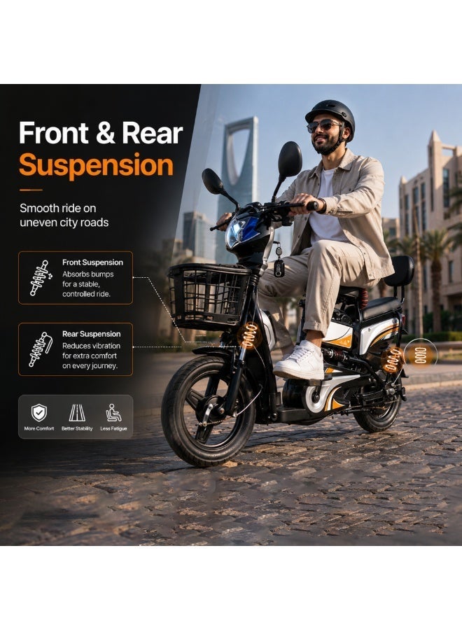 Crony W6 black Commercial Food Delivery Electric Scooter with Dual Seat & Full Front-Rear Suspension, 350W High Power Motor, 25-35km/h Max Speed, 30-40km Long Range, 48V 12AH Detachable Battery, 150KG Heavy Load,  E-Scooter with Delivery Basket for Restaurant Takeaway Business Electric Mobility Scooter Urban Commuter - Image 2