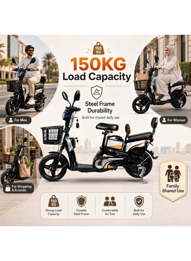 Crony W6 black Commercial Food Delivery Electric Scooter with Dual Seat & Full Front-Rear Suspension, 350W High Power Motor, 25-35km/h Max Speed, 30-40km Long Range, 48V 12AH Detachable Battery, 150KG Heavy Load,  E-Scooter with Delivery Basket for Restaurant Takeaway Business Electric Mobility Scooter Urban Commuter - Image 4
