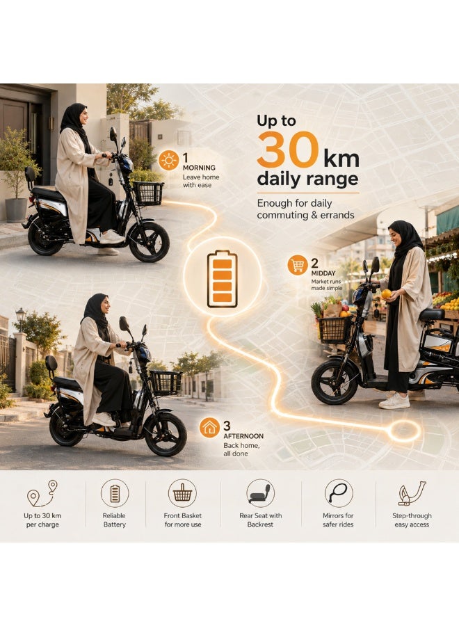 Crony W6 black Commercial Food Delivery Electric Scooter with Dual Seat & Full Front-Rear Suspension, 350W High Power Motor, 25-35km/h Max Speed, 30-40km Long Range, 48V 12AH Detachable Battery, 150KG Heavy Load,  E-Scooter with Delivery Basket for Restaurant Takeaway Business Electric Mobility Scooter Urban Commuter - Image 5