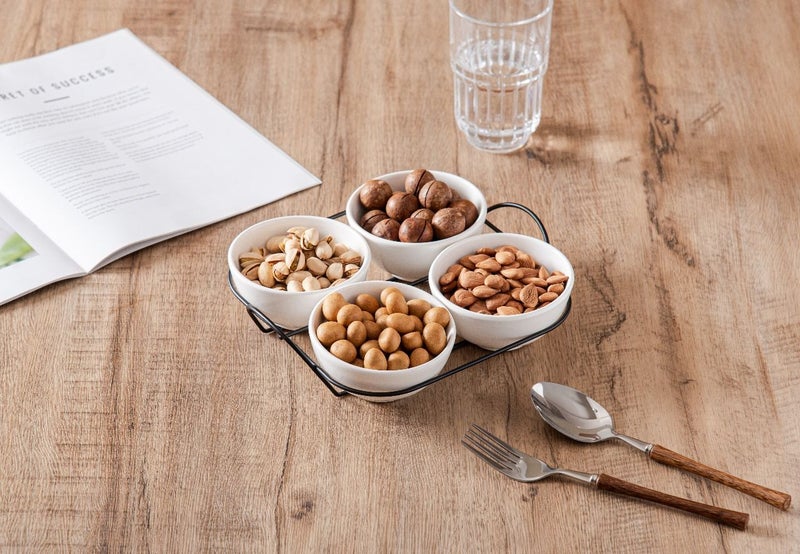 دوف طقم أوعية دائرية من البورسلان مكون من 4 قطع مع حامل معدني – أبيض/أسود، مقاس 3.5 بوصة