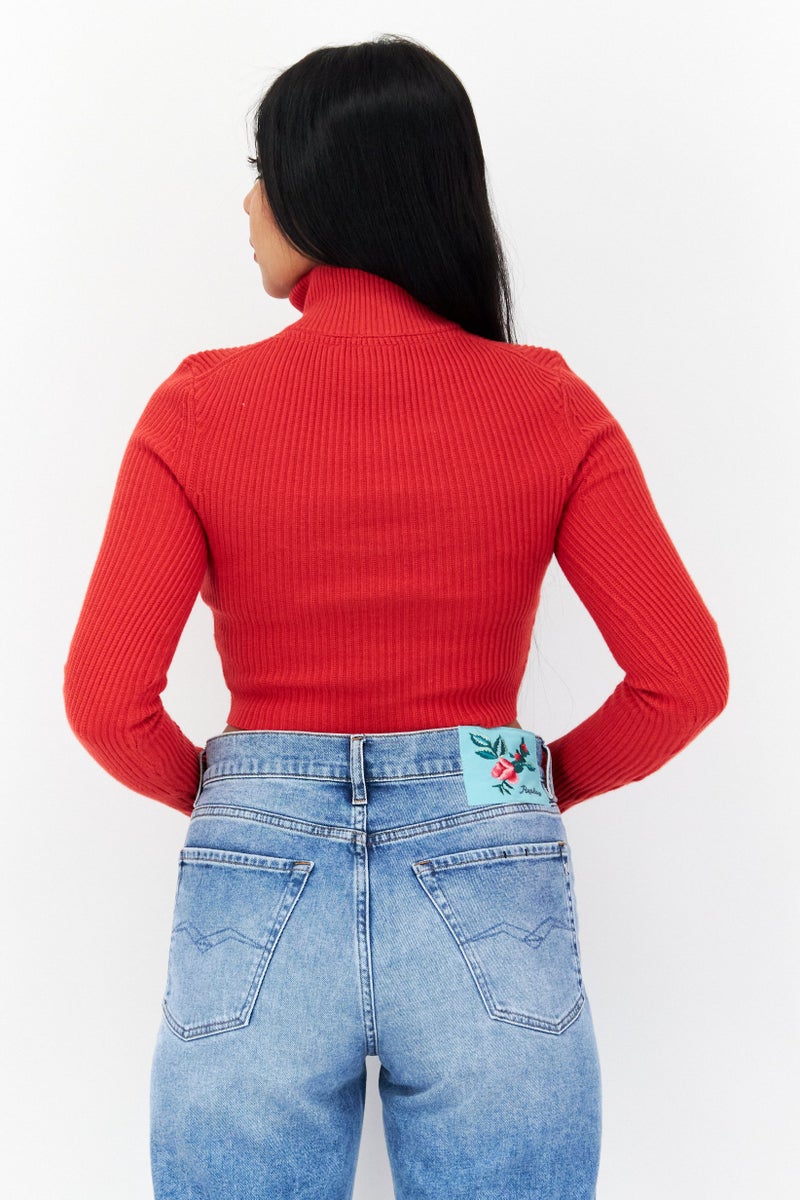 Lyle & Scott Women High Neck Long Sleeve Embroidered Logo Cropped Sweater, Red - Image 3