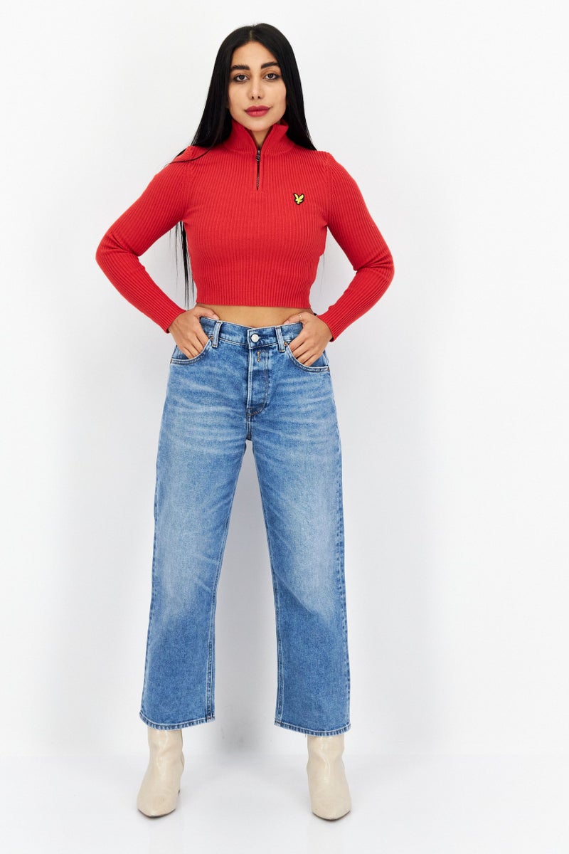 Lyle & Scott Women High Neck Long Sleeve Embroidered Logo Cropped Sweater, Red - Image 4
