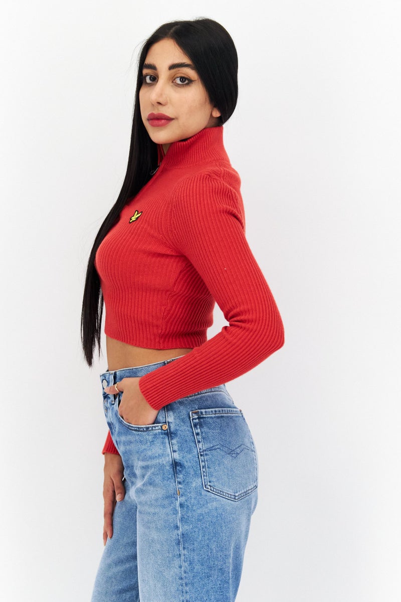 Lyle & Scott Women High Neck Long Sleeve Embroidered Logo Cropped Sweater, Red - Image 2