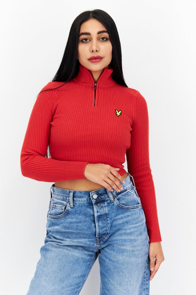 Lyle & Scott Women High Neck Long Sleeve Embroidered Logo Cropped Sweater, Red - Image 1