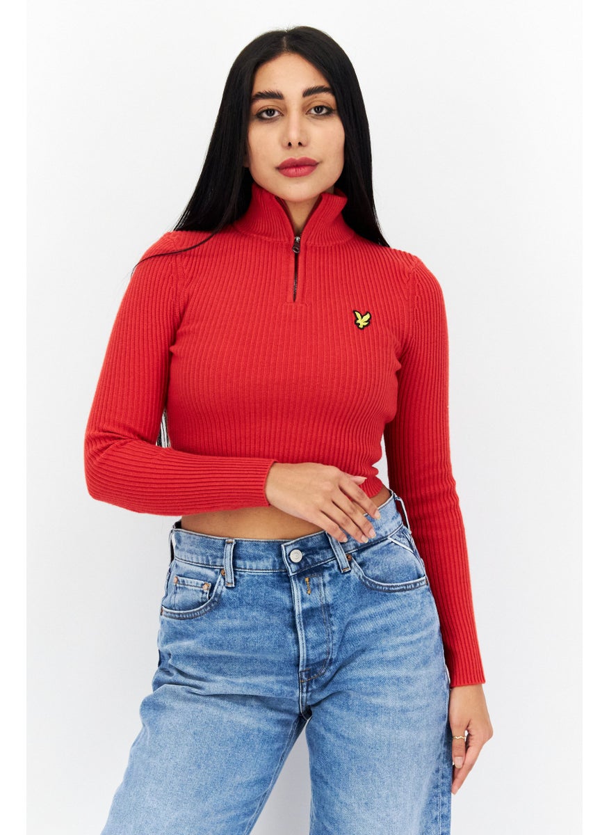 Women High Neck Long Sleeve Embroidered Logo Cropped Sweater, Red - pzsku/ZAF9D5AE40030665E1C9FZ/45/_/1724350888/9d1bfa59-9035-4c88-a920-587d0ed7ae6e