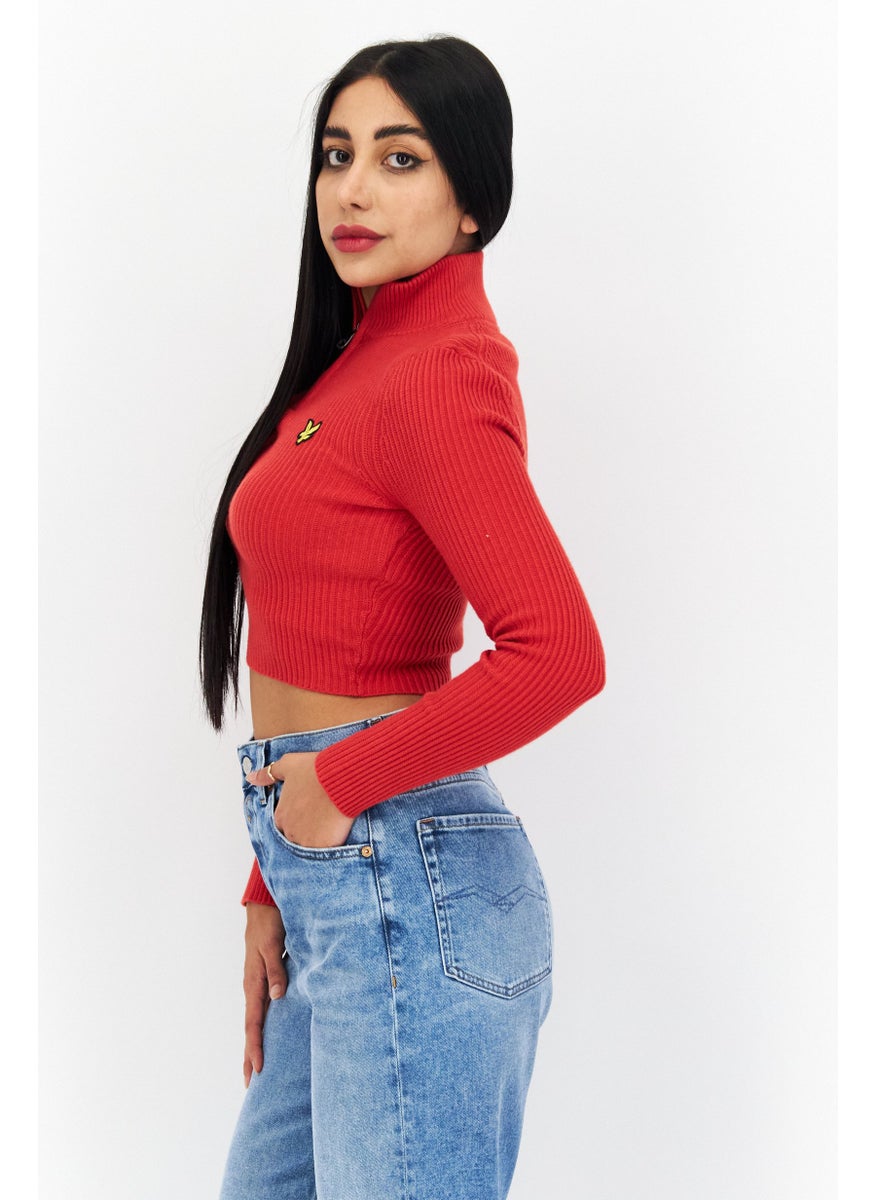 Women High Neck Long Sleeve Embroidered Logo Cropped Sweater, Red - pzsku/ZAF9D5AE40030665E1C9FZ/45/_/1724350899/8a27c84d-4813-4cec-a917-2a11b2252459