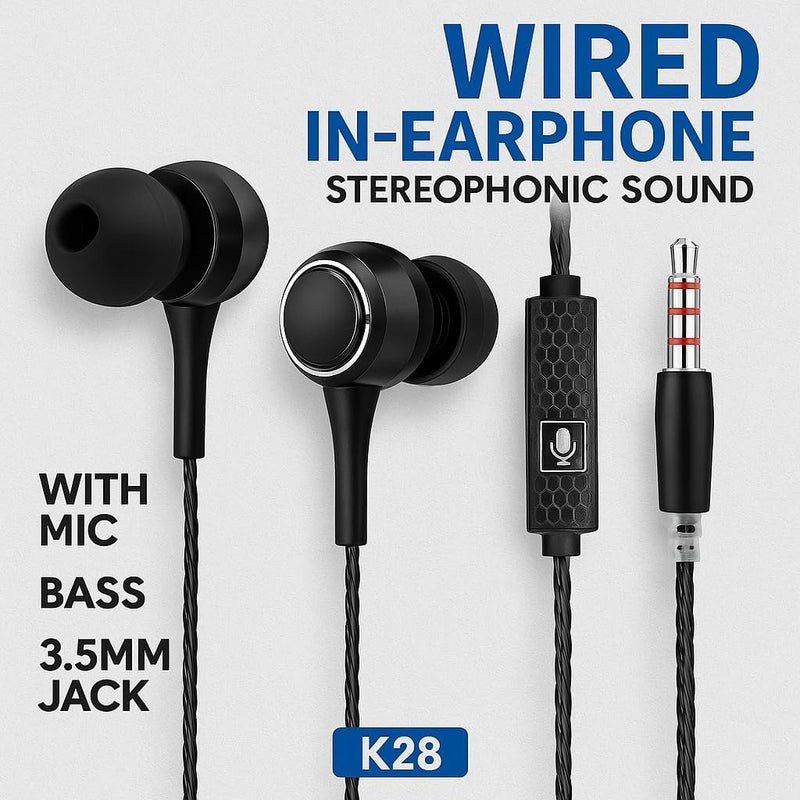 Fitto K28 Black Wired in-Earphone Stereophonic Sound With Mic, Built-in Microphone, Bass, 3.5mm Jack, Suitable For All Mobile Phones, Android & Mac Mobiles, Ear Phone, Music - Image 3