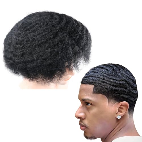 lumeng Men Unit Short Afro Kinky Curly Male Toupee Human Hair Wigs 10MM Mens Wave Kinky Curly Full Lace Wig for Men Hair Piece 8x10inch Lace Replacement Systems 1 Jet Black - Image 2