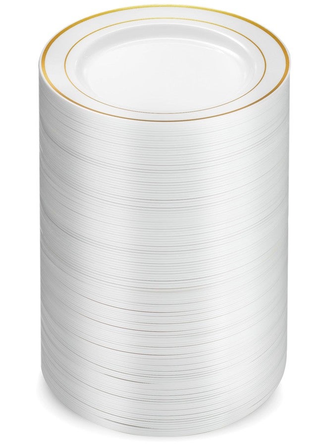 Munfix 100 Gold Plastic Plates Set, 7 Inch Disposable Dessert Appetizer Plates, Elegant Fancy Heavy Duty for Party, Wedding, White with Gold Rim - Image 1