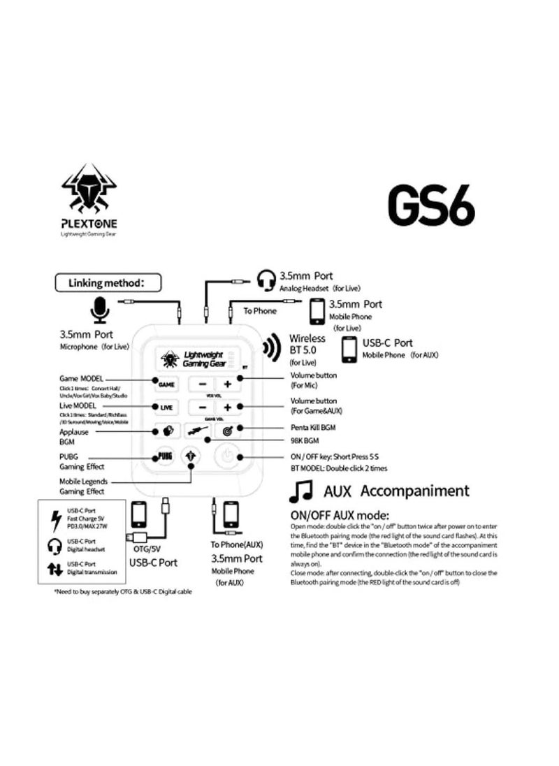 Plextone - Plextone GS6 Game Live Dual Mode Sound Card Mixer Streaming with 3.5mm Interface, USB-C Interface Game Sound Card Digital Vox Modification For PC/Laptop/Mobile Phones. - Image 1