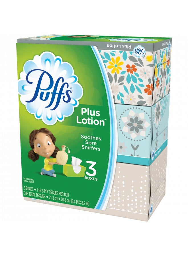 Puffs Puffs plus lotion facial tissues, 3 family boxes, 116 tissues per box, 348 Count,116 Count (Pack of 3)