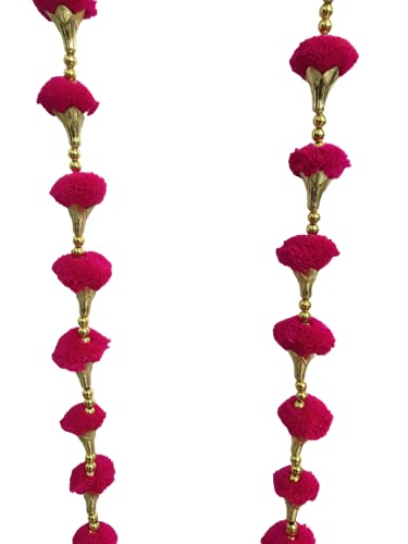 Aahum Handmade Wall Door Dark Pink Color PomPom String With Golden Beads,Triangle Flowers Hanging Torans Garland Bandhwar Decoration Item for Home Décor Diwali Festival,Navratri,Wedding (6FT 2 Strings) - Image 4