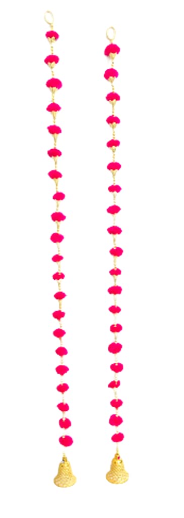 Aahum Handmade Wall Door Dark Pink Color PomPom String With Golden Beads,Triangle Flowers Hanging Torans Garland Bandhwar Decoration Item for Home Décor Diwali Festival,Navratri,Wedding (6FT 2 Strings) - Image 2