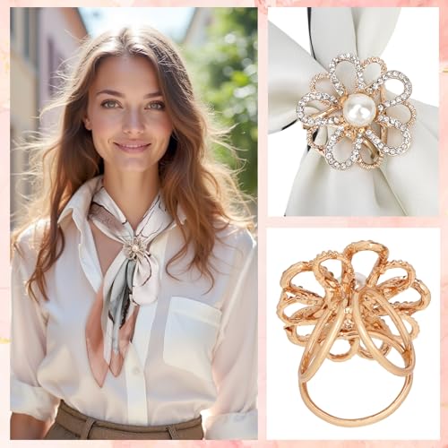 kilofly 4pc Women's Elegant Faux Pearl Crystal Rhinestone Scarf Ring Buckle Clip - Image 2