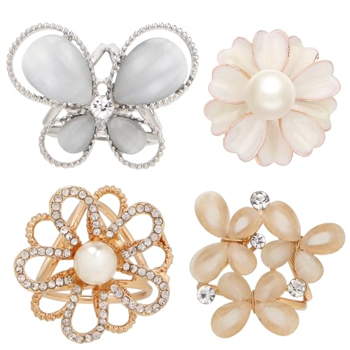 kilofly 4pc Women's Elegant Faux Pearl Crystal Rhinestone Scarf Ring Buckle Clip - Image 1
