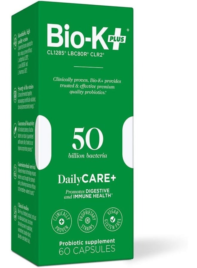 Bio-K Plus Bio-K + Daily Care Plus Probiotic Supplement Capsules For Adult Men And Women, 50 Billion Active Bacteria, Promotes Immune System Health - Vegan & Gluten-Free Delayed Release, 60 Capsules/Box - Image 1