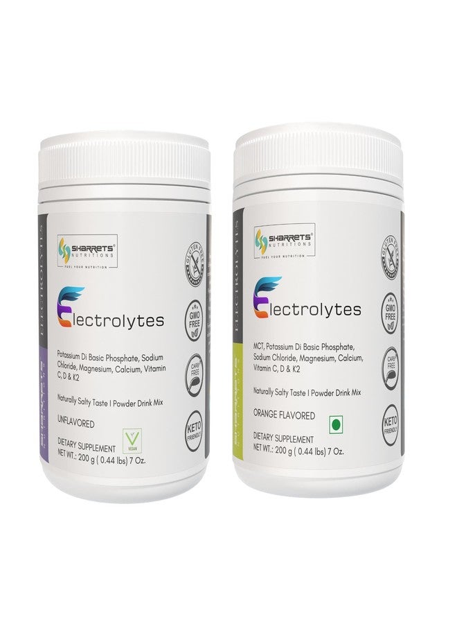 Sharrets Electrolytes Powder - MCTs with Potassium, Phosphorus, Sodium, Chloride, Magnesium, Calcium, Vitamin C, D & K2 (Combo of Unflavor & Orange Flavor) 200g Each - Image 1
