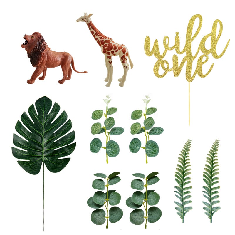 LEFUBABY Realistic Safari Jungle Animals Cake Toppers with Plam Leaf Eucalyptus Leaves Cake Decorations for Wild Themed Birthday Baby Shower Party Wild One - Image 2