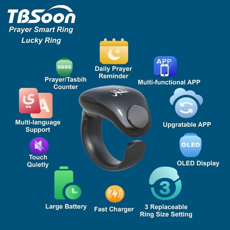 TBSoon Fashion Tasbih Smart Ring, Tasbeeh Counters, Prayer Direction Indicator Guide,5 Azan Alarm Clock,Forgiveness,Electronic Rosary,Eid al-Fitr Eid al-Adha Ramadan Gift for men women, Black Adjustable Size - Image 3