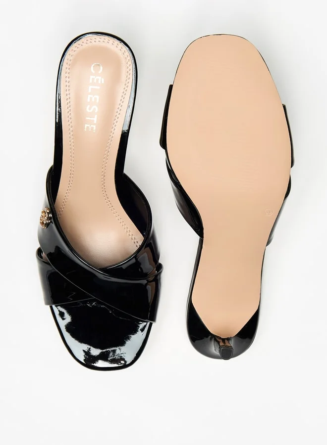 Celeste Women's Solid Slip-On Sandals with Stiletto Heels and Logo Accent