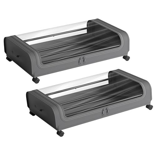 Nayasa Under Bed Storage Box | Storage Organizer | Ideal For Small Space Clothes Storage | Clothes, Shoes, Toys, Books With Clear Cover | Lockable Wheels | Set of 2 | Grey - Image 1