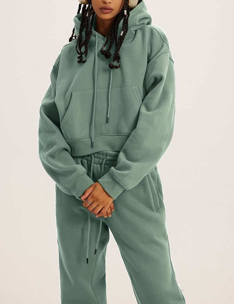 Eisctnd Women Fleece 2 Piece Tracksuits Fall Winter Sweatshirt Jogger Pants Matching Lounge Sets Thick Sweatsuits Pockets(BeanGreen-S) - Image 2