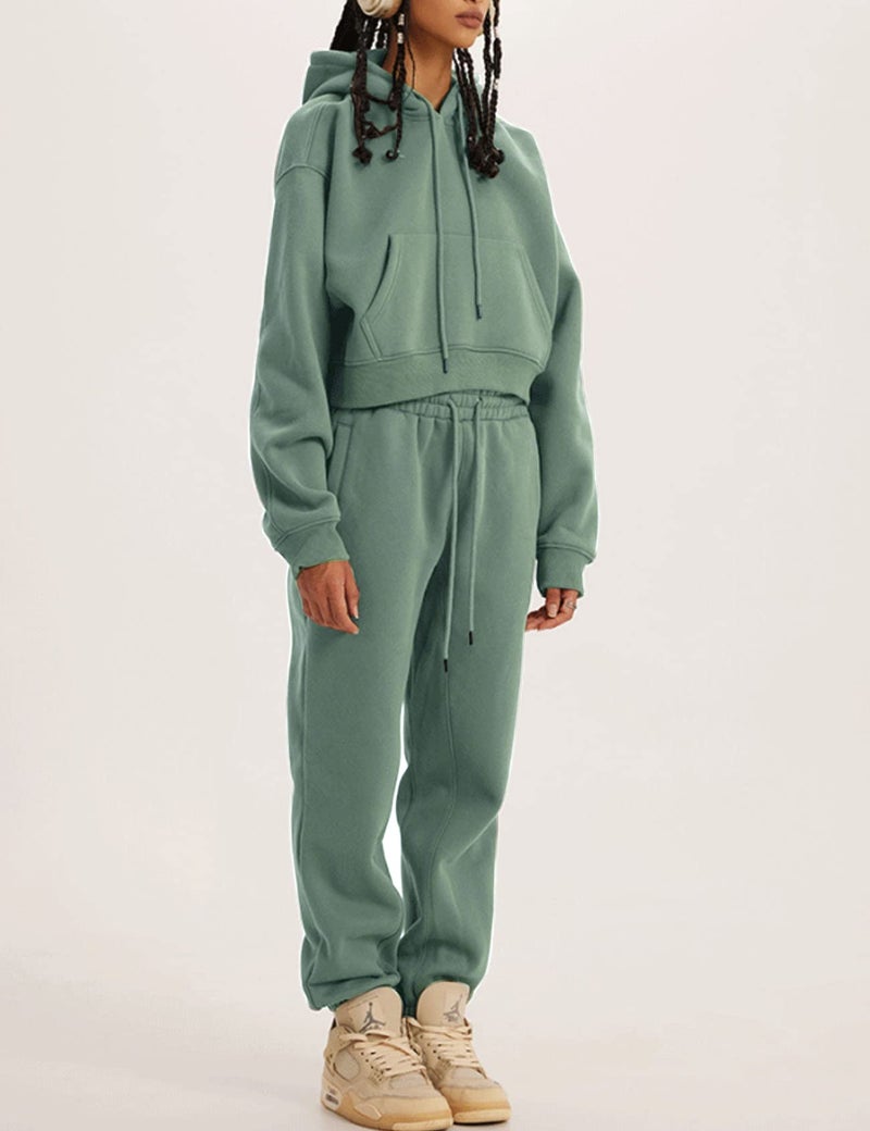 Eisctnd Women Fleece 2 Piece Tracksuits Fall Winter Sweatshirt Jogger Pants Matching Lounge Sets Thick Sweatsuits Pockets(BeanGreen-S) - Image 3