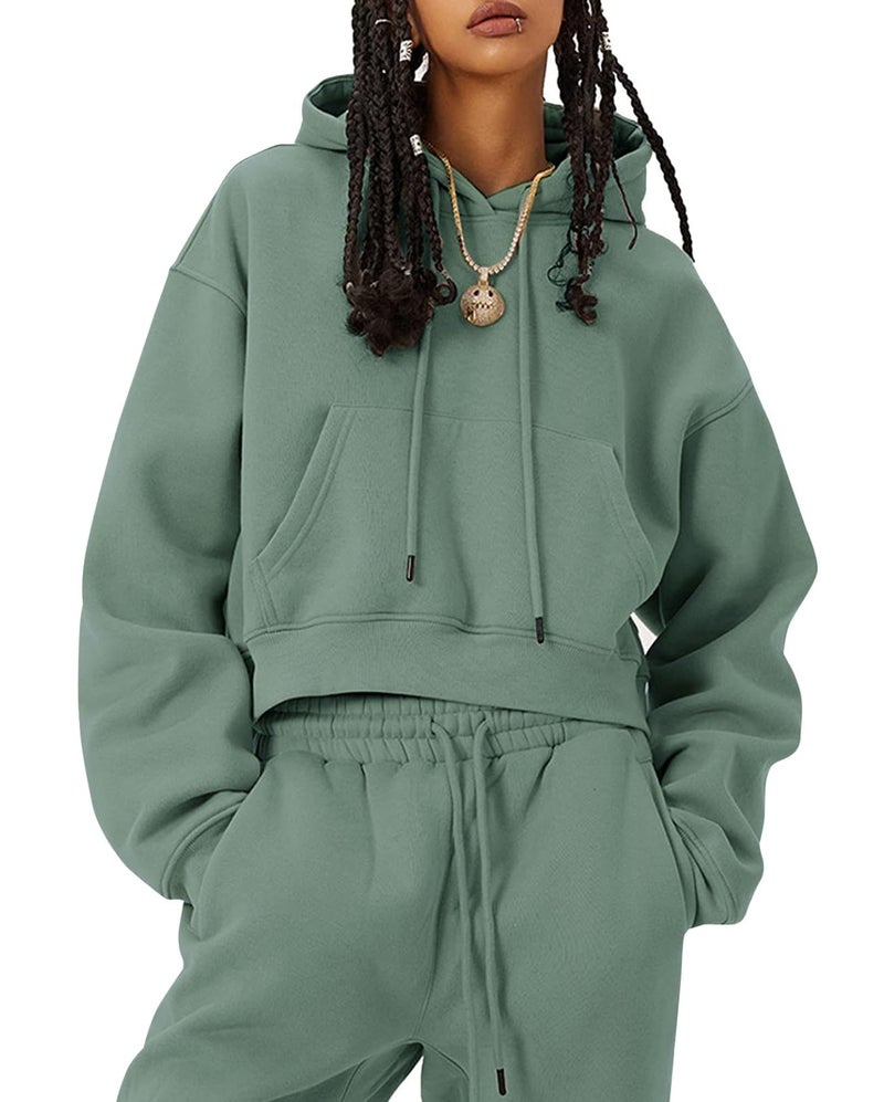 Eisctnd Women Fleece 2 Piece Tracksuits Fall Winter Sweatshirt Jogger Pants Matching Lounge Sets Thick Sweatsuits Pockets(BeanGreen-S) - Image 1