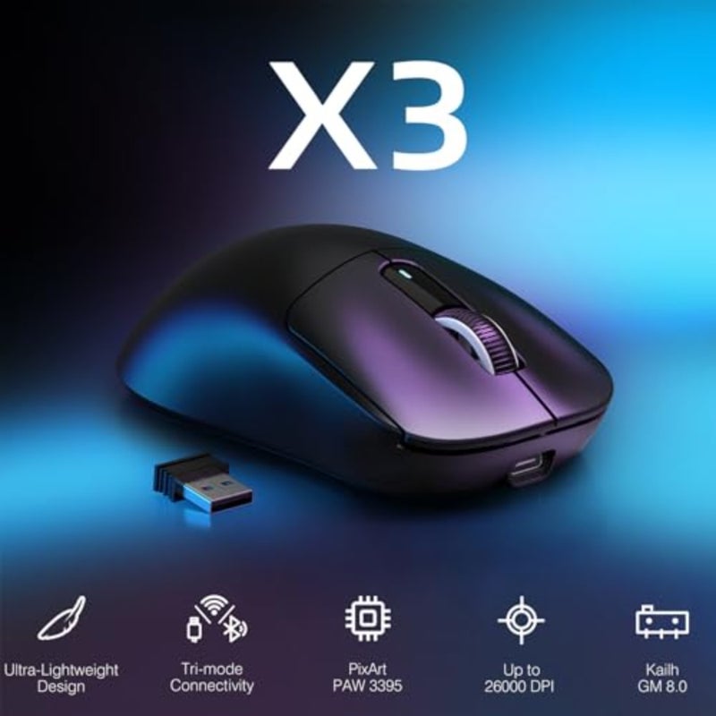 ماوس ألعاب للكمبيوتر الشخصي/Win/Mac: X3 لاسلكي خفيف الوزن مع وضع ثلاثي 2.4G/USB-C/Bluetooth، 26K DPI، مستشعر PAW3395، مفاتيح Kailh GM8.0، 5 أزرار قابلة للبرمجة - Image 2
