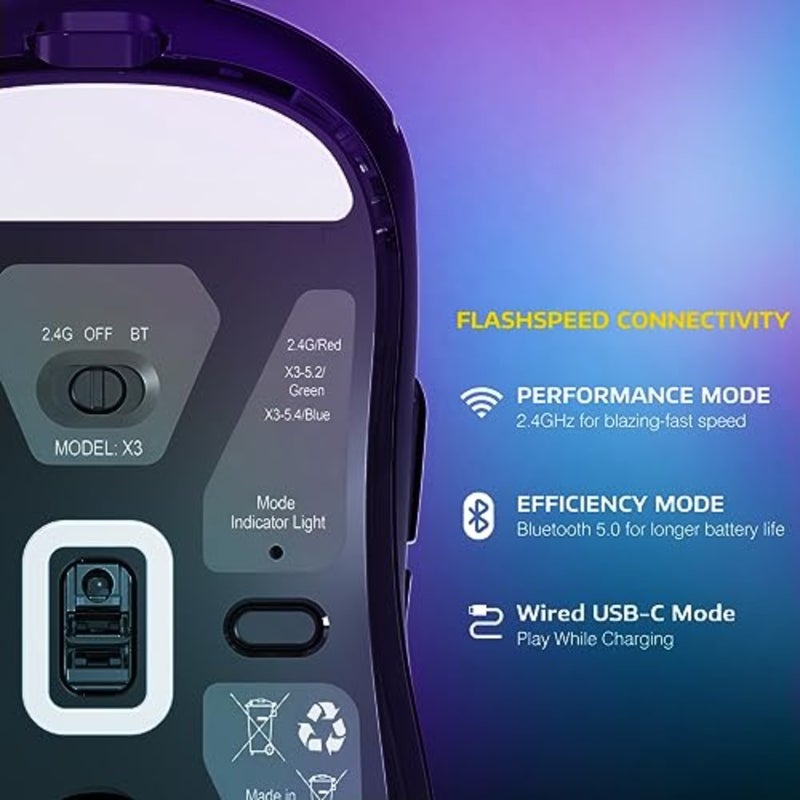 ماوس ألعاب للكمبيوتر الشخصي/Win/Mac: X3 لاسلكي خفيف الوزن مع وضع ثلاثي 2.4G/USB-C/Bluetooth، 26K DPI، مستشعر PAW3395، مفاتيح Kailh GM8.0، 5 أزرار قابلة للبرمجة - Image 4