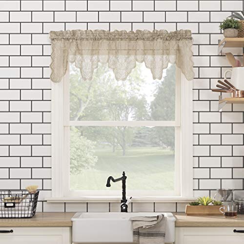 No. 918 Alison-Tr Floral Lace Sheer Rod Pocket Kitchen Curtain Valance, 58" x 14", Stone - Image 1