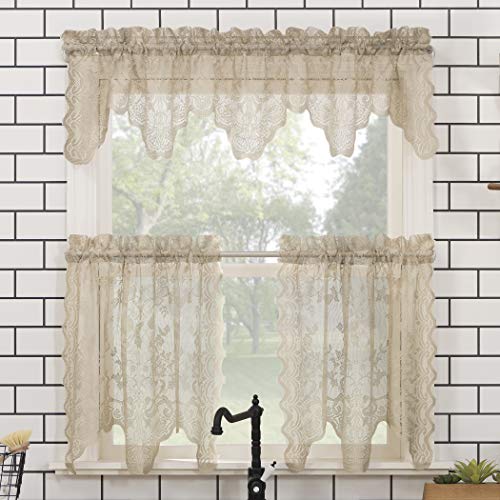 No. 918 Alison-Tr Floral Lace Sheer Rod Pocket Kitchen Curtain Valance, 58" x 14", Stone - Image 3
