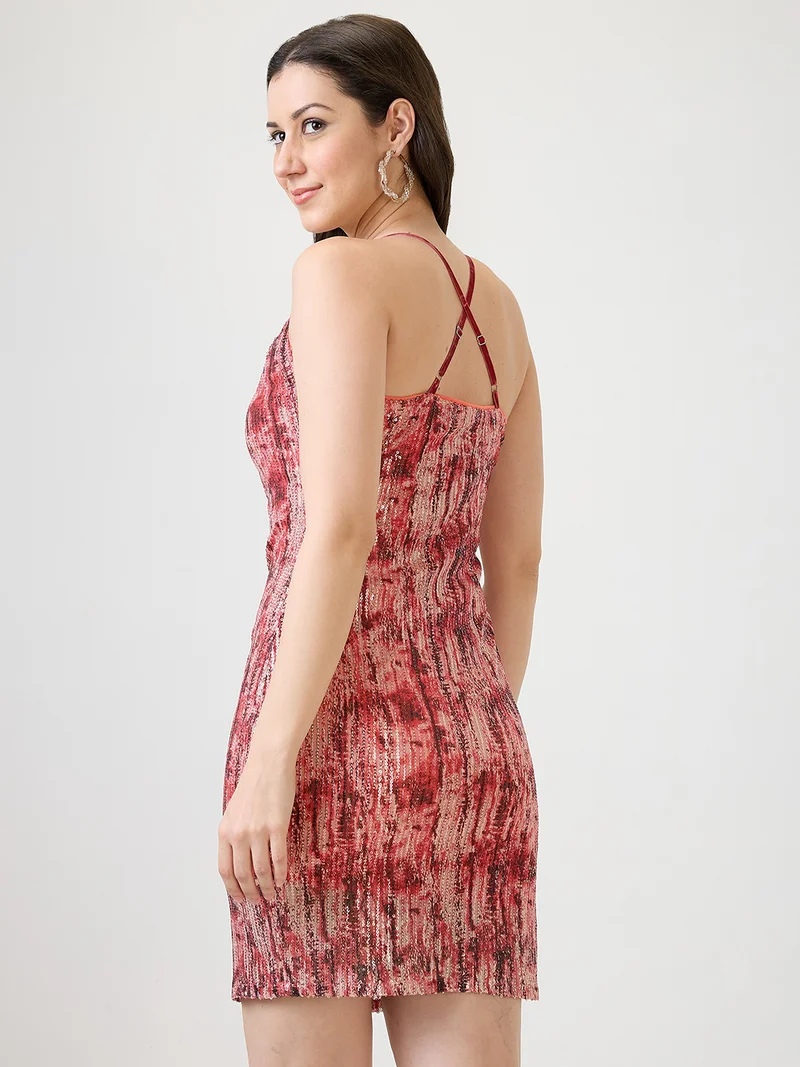 globus Women Red Cowl Neck Strappy Sleeves Stylized Back Sequinned Mini Bodycon Party Dress