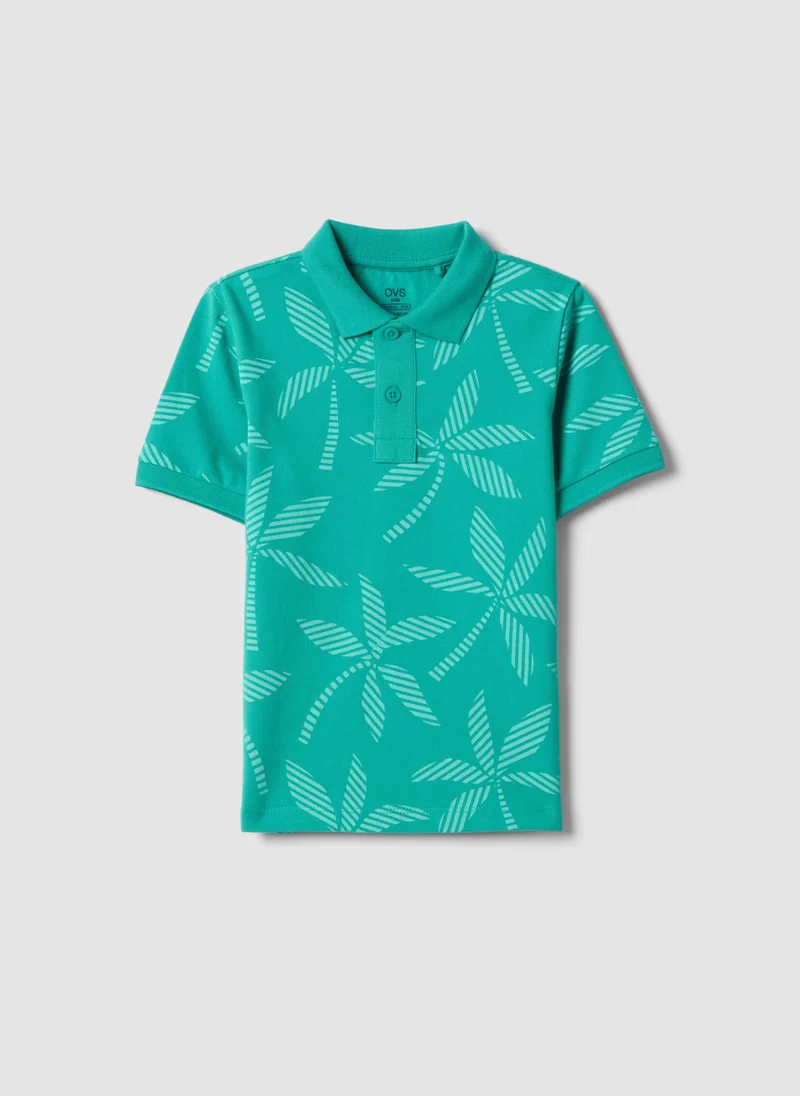 او في اس OVS Green Pure Cotton Boys Polo Shirt, Regular Fit, With Floral Design